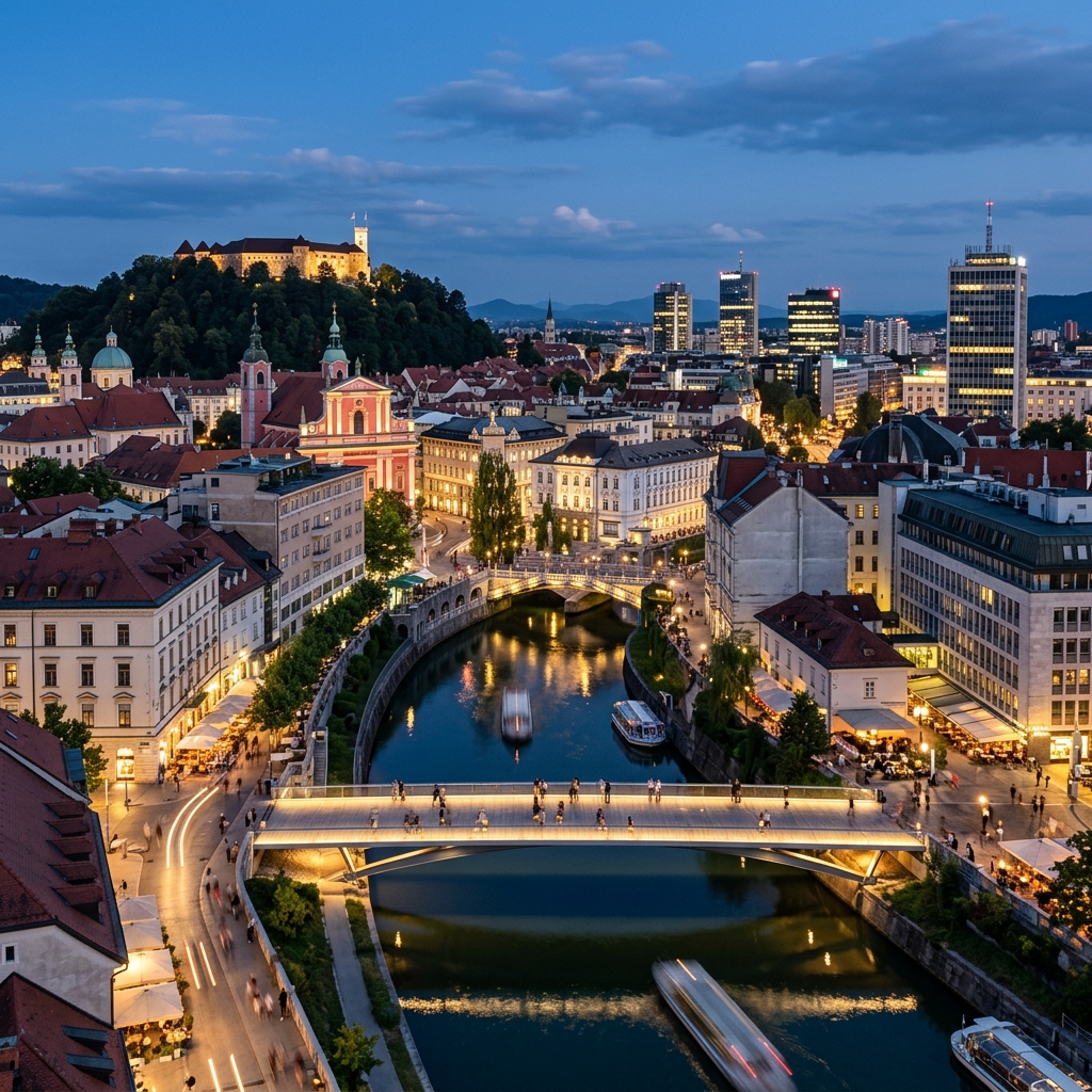 Ljubljana — Blick auf die Altstadt und den Fluss Ljubljanica bei Nacht